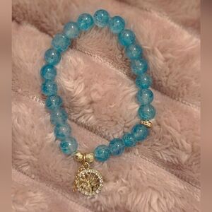 Blue Beaded Bracelet with Gold Tree Charm
